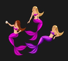 Isometry fairy characters on a dark background, beautiful mermaids, a bright set of characters