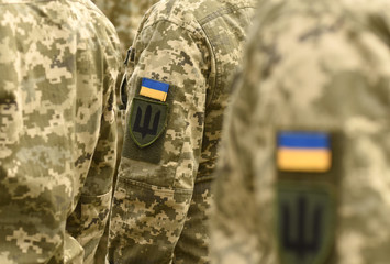 Ukraine patch flag on army uniform. Ukraine military uniform. Ukrainian troops