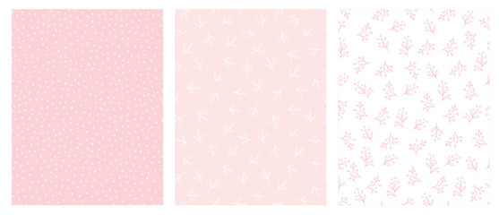 Hand Drawn Floral and Dots Abstract Vector Patterns. Light Pink and White Backgrounds. Tiny White and Pink Delicate Twigs and Circles. Cute Simple Abstract Graphic. Irregular Design. Pastel Colors.