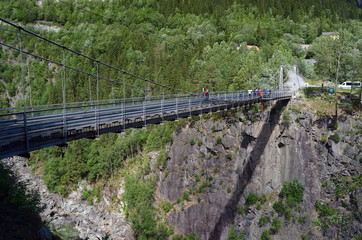 The famous suspension bridge over the valley to Vemork Power Plant Rjukan Norway. Important place during WW2 and in Norwegian industrial history and Telemark sabotasje
