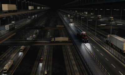 Overpasses and Underpasses with Heavy Traffic at Night 3d rendering