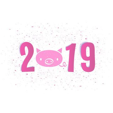 New year of the pig 2019 cute postcard, realistic paper letters, vector illustration