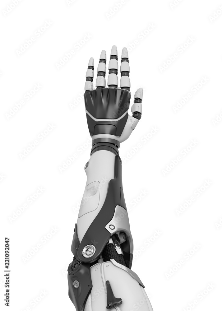 Poster 3d rendering of a white and black robotic hand shown vertically from the back of the palm.