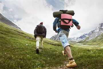 Tourists at trekking route in mountains