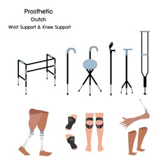Medical Concept, Illustration Collection of Prosthetic Leg, Knee and Arm, Crutches and Walkers with Wrist and Knee Support.