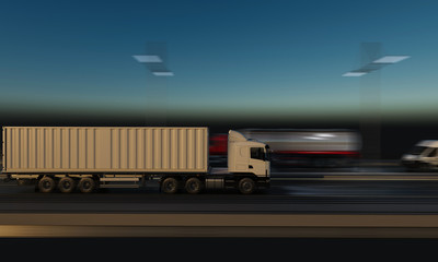 Container Truck Moving on the Highway at Night 3d rendering