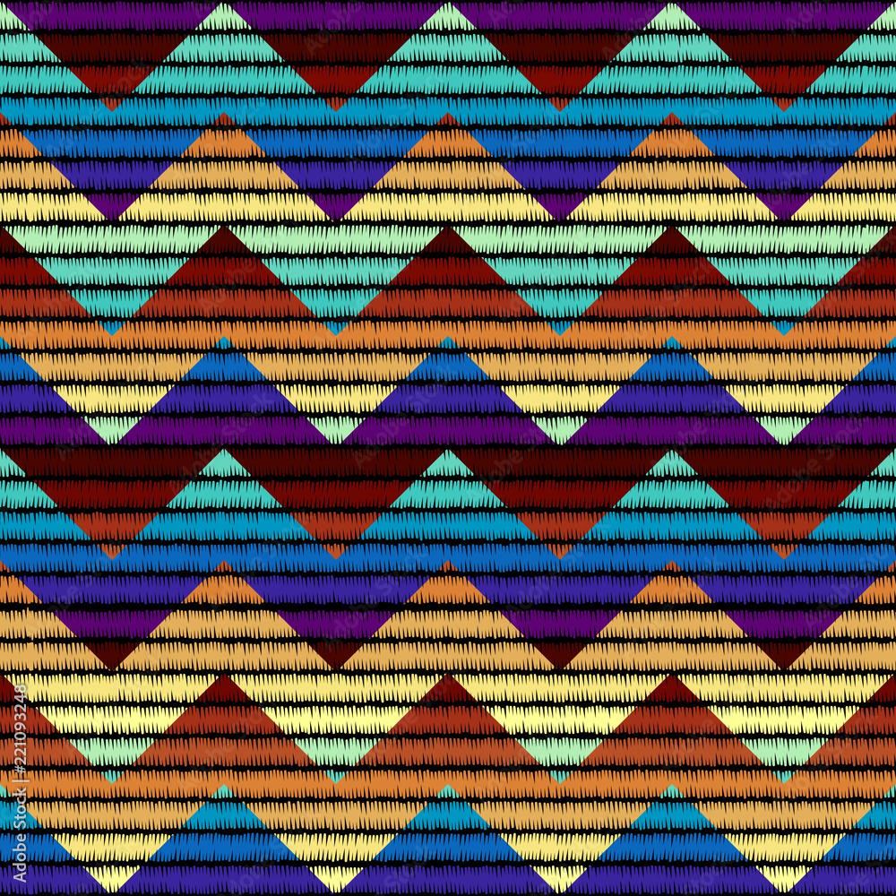Poster Imitation of geometric embroidery pattern. Colored lines on a black background. Ethnic and tribal motifs. Seamless vector background in the bohemian style.