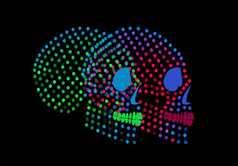 Sugar skull icon dots, neon halftone color background green and pink