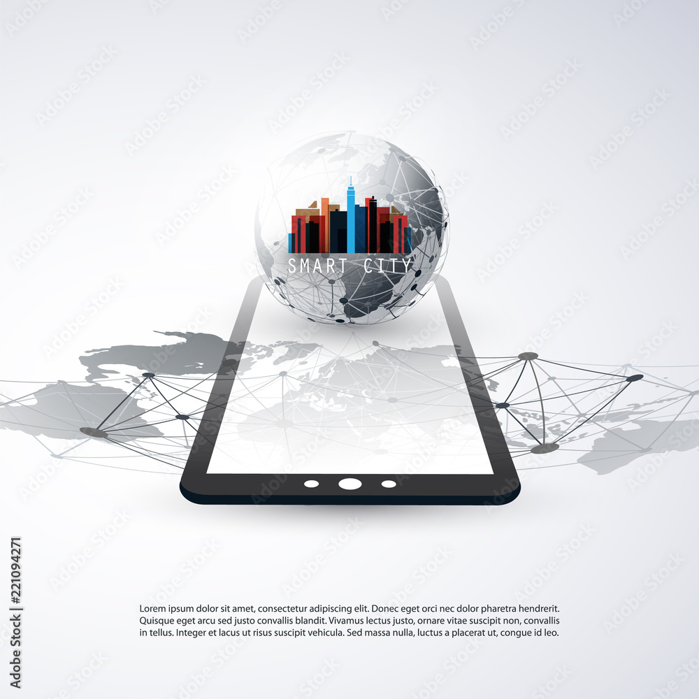 Poster smart city, cloud computing design concept with earth globe and world map - digital network connecti