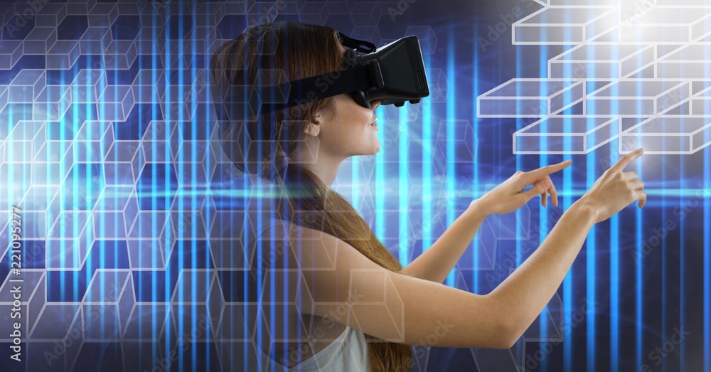 Poster man using virtual reality headset with geometric transition