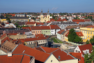 Fototapeta na wymiar colorful old buildings and church cityscape Eger Hungary
