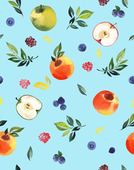 Seamless pattern, apples and berries on a blue background.