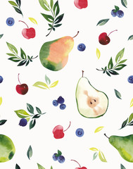  Seamless pattern, pears and berries on a white background.