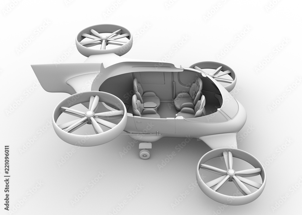Poster clay shading rendering cutaway view of passenger drone with interior layout on white background. fro