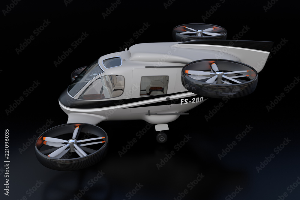Poster side view of passenger drone on black background. 3d rendering image.