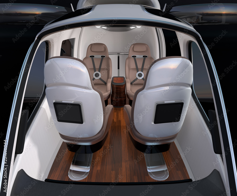 Poster front view of passenger drone interior. front leather seats turned backward. 3d rendering image.
