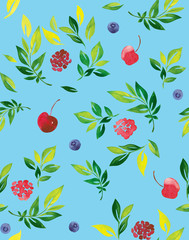 Seamless pattern, berries with leaves on a blue background.