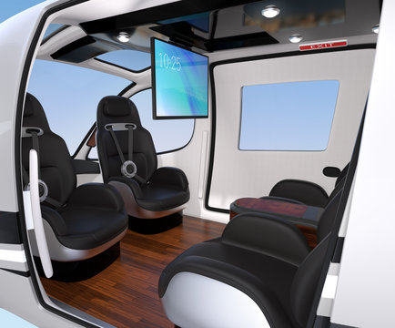 Interior of Passenger Drone equipped with ceiling monitor, luxury leather seats turned backward. 3D rendering image.