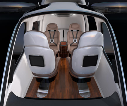 Front view of Passenger Drone interior. Front leather seats turned backward. 3D rendering image.