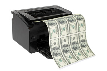 Printer printing fake dollar bills isolated on white