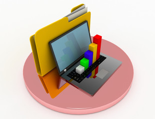 laptop with chart and file folder. 3d illustration