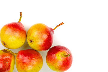 ripe red yellow pear fruits isolated on white background with copy space for your text. Top view. Flat lay pattern