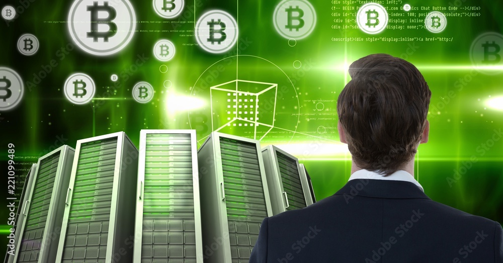 Poster man with computer servers and bitcoin technology information