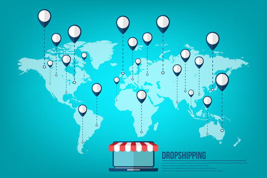 Dropshipping. Drop shipping concept. World map wit location markers and laptop showing shopping cart icon on the screen. Vector illustration 