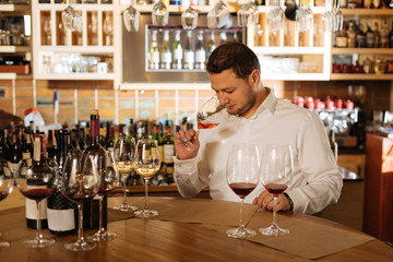 Perfect smell. Professional male sommelier holding the glass with wine while smelling it