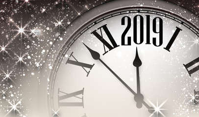 Fototapeta na wymiar Shiny 2019 New Year background with clock.