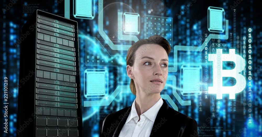 Aufkleber woman with computer server and bitcoin technology information