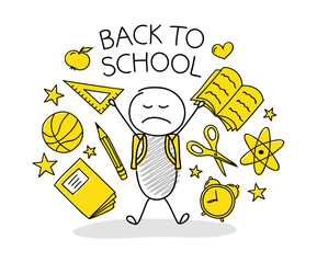 Back to school concept with cartoon stickman. Vector.