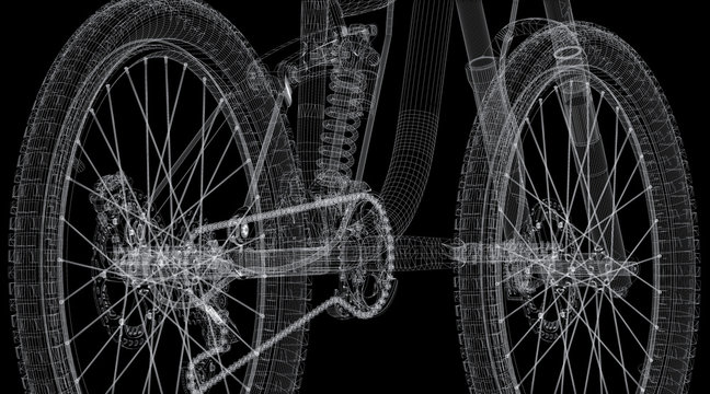 Meccanica bicicletta in wireframe, illustrazione 3d tecnica