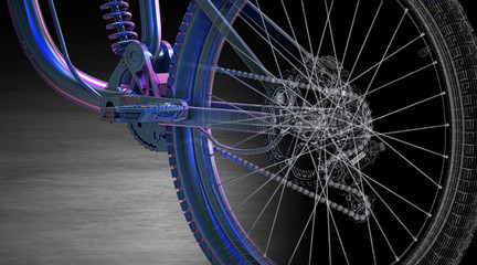 Meccanica bicicletta in wireframe, illustrazione 3d tecnica