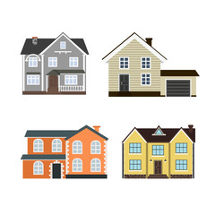 Set of houses front view in flat style isolated on white background. Collection of icons of  suburban house, town house, and cottage.  Vector illustration.