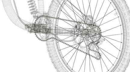 Meccanica bicicletta in wireframe, illustrazione 3d tecnica