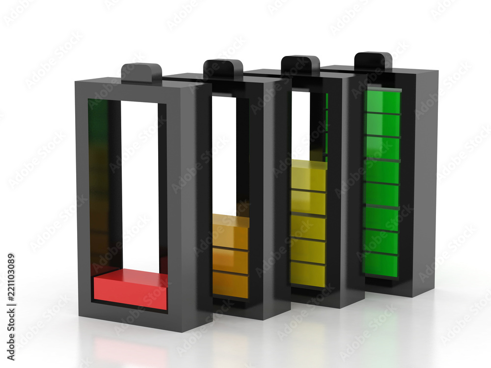 Poster 3d rendering electrical energy and power supply source concept, accumulator battery with charging le