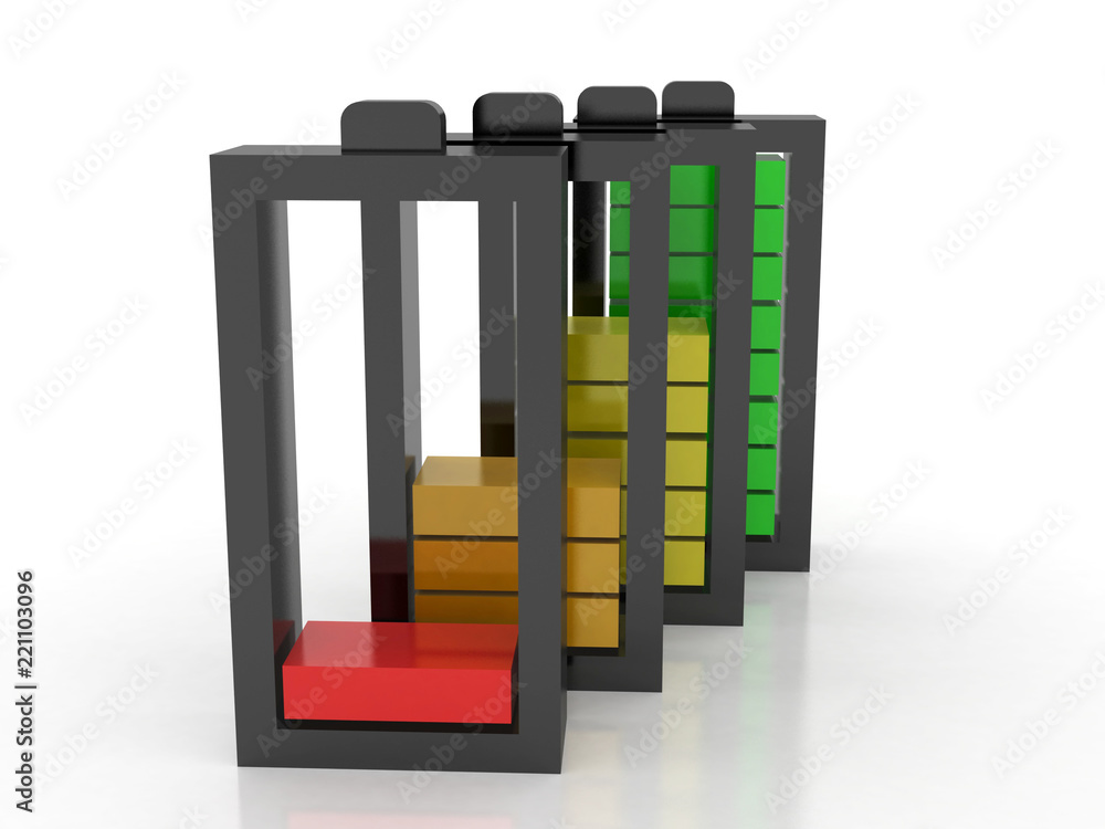 Poster 3d rendering electrical energy and power supply source concept, accumulator battery with charging le