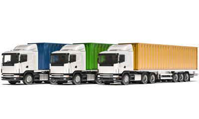 Semi Trucks with Containers in Various Colors on White Background 3d rendering