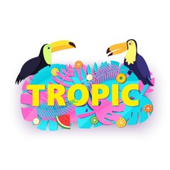 Naklejka premium Word TROPIC composition with creative pink blue jungle leaves fruits two toucans on white background in paper cut style. Yellow letters for banner, flyer T-shirt printing. Vector illustration.