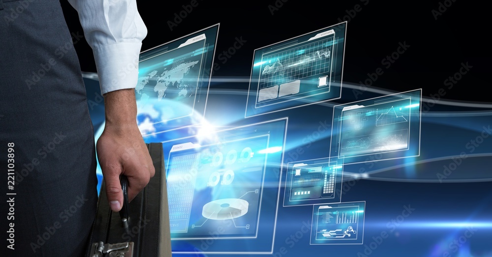 Poster man with computer servers and bitcoin technology information