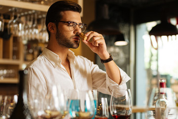 Quality test. Handsome serious man smelling the cork while checking wine for quality