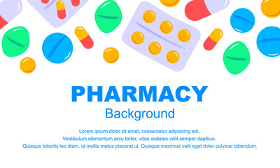Horizontal pharmacy background in flat style. Vector illustration. Space for text