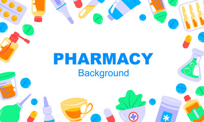 Horizontal pharmacy background in flat style. Vector illustration. Space for text