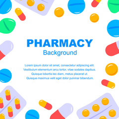 Pharmacy background in flat style. Vector illustration. Space for text