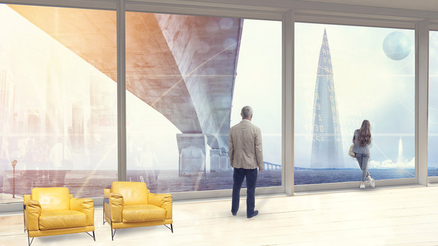 Panoramic view from the window to the futuristic urban landscape and the launch of the rocket