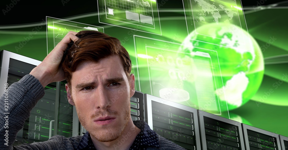 Poster man with computer servers and technology information interface