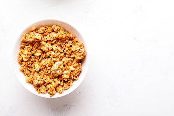 Granola Cereal bar  on light Background . Muesli Breakfast. Healthy Food sweet dessert snack. Diet Nutrition Concept. Vegetarian food. Flat Lay. Copy space for Text.