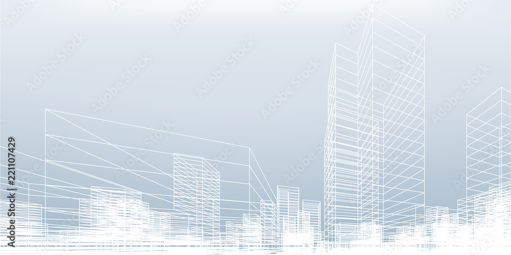 Aufkleber abstract wireframe city background. perspective 3d render of building wireframe. vector.
