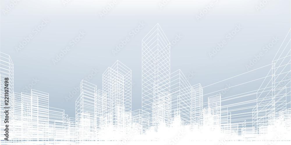 Poster abstract wireframe city background. perspective 3d render of building wireframe. vector.